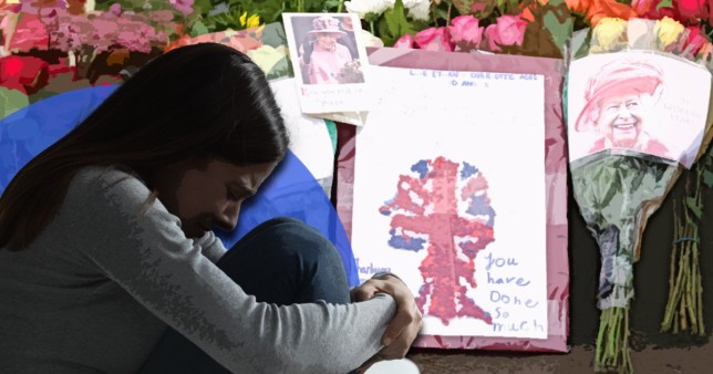 person sad on backdrop of flowers and signs for queen