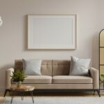 Mock up poster frame in modern interior background with sofa and accessories in the room.