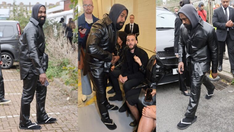 Kanye West Attends Burberry Show in Glitter Flip-flops With Socks On