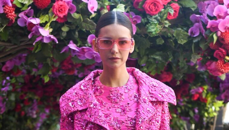 Nina Dobrev Thinks Pink in 3D Floral Valentino Minidress to Celebrate the Pink PP Collection at Saks Fifth Avenue During NYFW