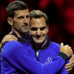 Team Europe's Novak Djokovic and Roger Federer embrace at the end of the third day of the Laver Cup tennis tournament in London, Sunday, Sept. 25, 2022. (AP Photo/Kin Cheung)