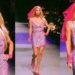 Paris Hilton gives bridal vibes in a sparkly pink dress as she walks the Versace runway