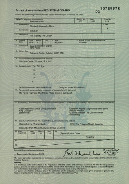 The Queen's entry in the register of deaths.