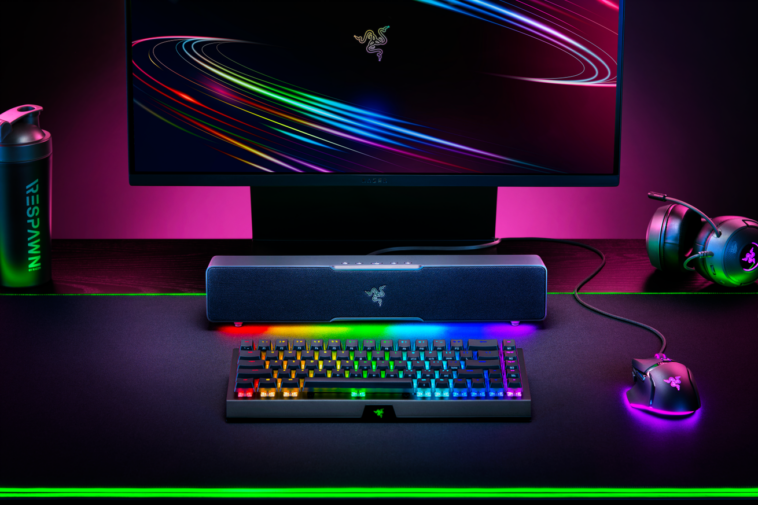 Razer’s Leviathan V2 X soundbar with RGB lightning in a PC setup