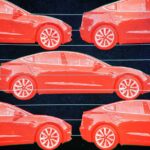 Illustration depicting multiple red Tesla sedans on a black background.