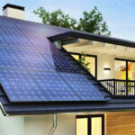 Solar panels on the gable roof of a modern home