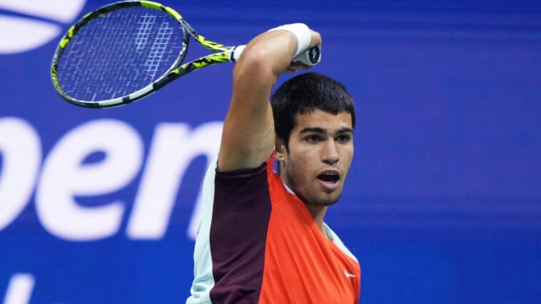 Carlos Alcaraz during a men's singles championship match at the 2022 US Open, Sunday, Sep. 11, 2022 in Flushing, NY. (Darren Carroll/USTA via AP)