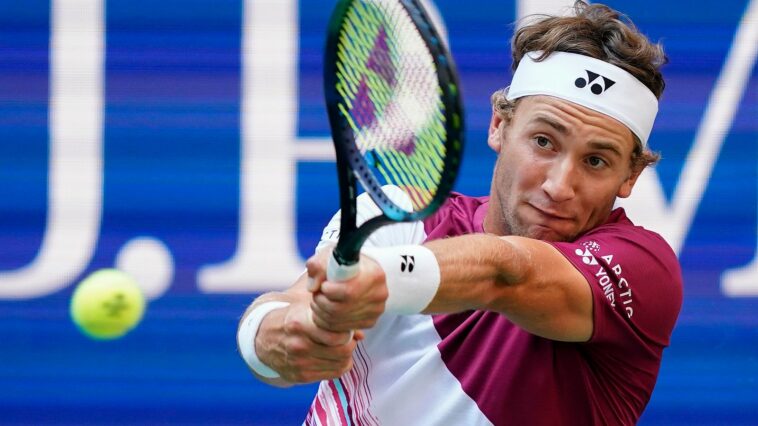 Casper Ruud, of Norway, returns a shot to Karen Khachanov, of Russia, during the semifinals of the U.S. Open tennis championships, Friday, Sept. 9, 2022, in New York. (AP Photo/Matt Rourke)