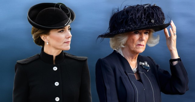 Kate Middleton and Camilla Queen Consort wearing pearls