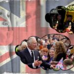 A woman looking side with her head in her hands, with break out images of the Queen's coffin, and King Charles meeting mourners. All set on a transparent image of the Union Jack.