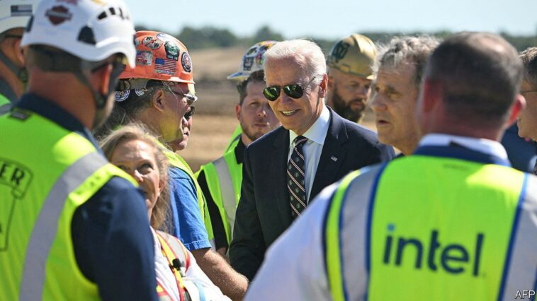 US President Joe Biden greets workers at the groundbreaking of the new Intel semiconductor manufacturing facility near New Albany, Ohio, on September 9, 2022. (Photo by SAUL LOEB / AFP) (Photo by SAUL LOEB/AFP via Getty Images)