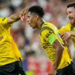 Dortmund's Jude Bellingham, celebrates after scoring his side's second goal during the group G Champions League soccer match between Sevilla and Borussia Dortmund at the Ramon Sanchez Pizjuan stadium in Seville, Spain, Wednesday, Oct. 5, 2022. (AP Photo/Jose Breton)