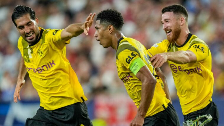 Dortmund's Jude Bellingham, celebrates after scoring his side's second goal during the group G Champions League soccer match between Sevilla and Borussia Dortmund at the Ramon Sanchez Pizjuan stadium in Seville, Spain, Wednesday, Oct. 5, 2022. (AP Photo/Jose Breton)