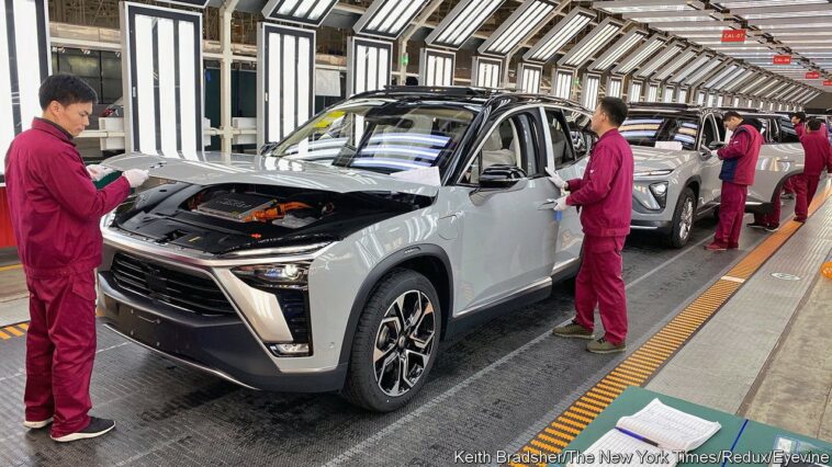 A NIO electric car factory in Hefei, China, Dec. 4, 2020. With government support and lavish subsidies, Chinese companies have come to dominate the market for the batteries, motors and other essentials that Detroit may need in its push to eliminate gasoline and diesel cars. (Keith Bradsher/The New York Times)Credit: New York Times / Redux / eyevineFor further information please contact eyevinetel: +44 (0) 20 8709 8709e-mail: info@eyevine.comwww.eyevine.com