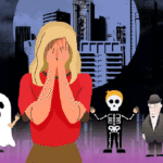 crying women with ghostly bosses behind her