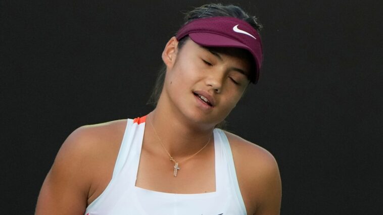 Emma Raducanu in action against Jelena Ostapenko of Latvia during their semi final match at the Korea Open