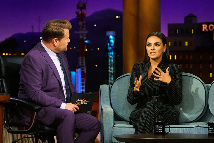 Mila Kunis Means Business in Michael Kors Pin-striped Suit for ‘Late Late Show With James Corden’