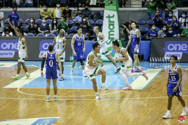 La Salle players celebrate at the buzzer after sealing a clutch victory over rival Ateneo.