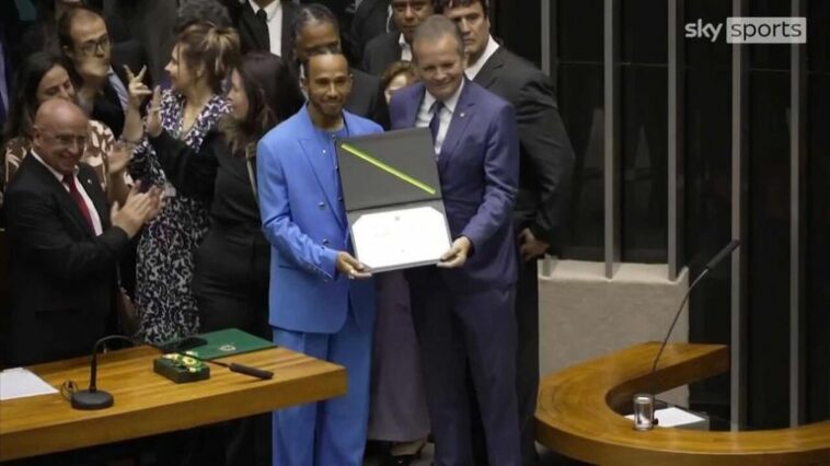 Seven-time world champion Lewis Hamilton was awarded an honorary citizenship of Brazil in Brasilia.