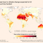 Extreme heat due to climate change expected to hit poorest countries hardest. Global map showing Days where temperature exceeds 35C based on historical average, RCP4.5 and RCP8.5 emissions scenarios and SSP3 socioeconomic scenario, some places will experience almost year-round temperatures above 35C by 2049-50