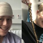 Kaylee with a bandage on her head post surgery, and Kaylee showing off her hair that was cut off and donated to charity.