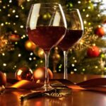 Red,Wine,On,Table,Christmas,Tree,In,Background