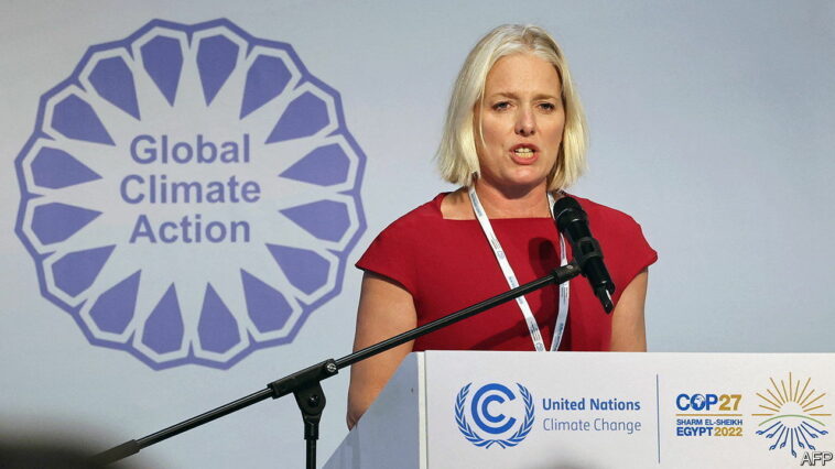 The chair of the United Nations Secretary-General's High-level Expert Group on Net-Zero Commitments, Catherine McKenna, delivers a speech during a UN expert panel at the COP27 climate conference at the Sharm el-Sheikh International Convention Centre, in Egypt's Red Sea resort city of the same name, on November 8, 2022. (Photo by JOSEPH EID / AFP) (Photo by JOSEPH EID/AFP via Getty Images)