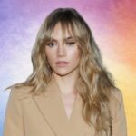 Suki Waterhouse on a multicoloured background