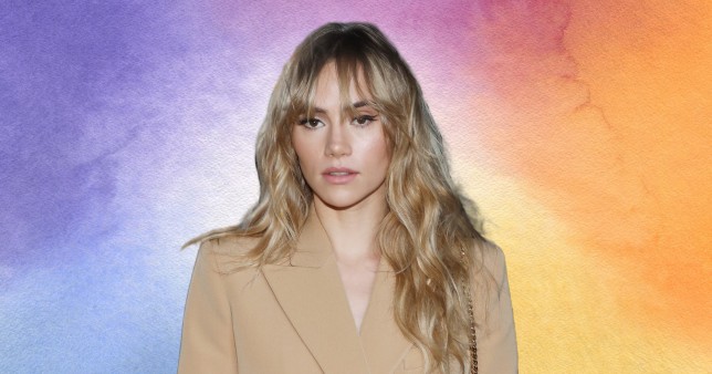 Suki Waterhouse on a multicoloured background