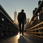 JERSEY CITY, NJ - SEPTEMBER 20: A commuter walks to a waiting ferry to New York City as the sun rises behind lower Manhattan and One World Trade Center on September 20, 2022, in Jersey City, New Jersey. (Photo by Gary Hershorn/Getty Images)