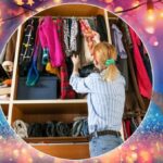 Woman looking through her wardrobe on a festive background with people wearing party outfits.