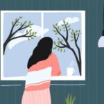 Young woman at home longing at window. Spring landscape outside, blue sky with clouds and trees. Cozy pink pajama. Self isolation concept illustration.