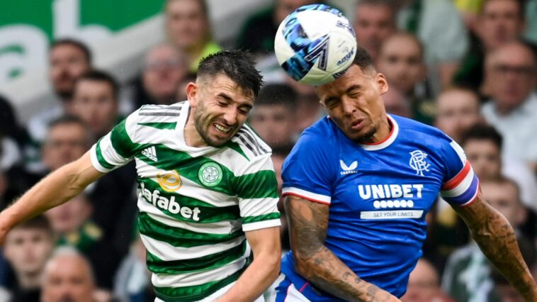 GLASGOW, SCOTLAND - SEPTEMBER 03: Celtic's Greg Taylor (L) and Rangers' James Tavernier during a cinch Premiersip match between Celtic and Rangers at Celtic Park, on September 03, 2022, in Glasgow, Scotland.  (Photo by Rob Casey / SNS Group)