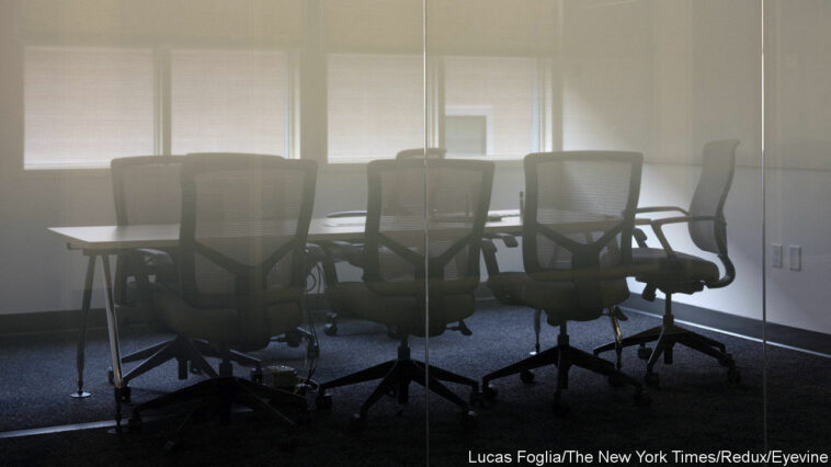 An empty conference room inside the People.ai offices in San Francisco, on Dec. 15, 2020. Away from offices like those of the artificial intelligence platform People.ai, workers are relearning what "counter space" means. (Lucas Foglia/The New York Times)Credit: New York Times / Redux / eyevineFor further information please contact eyevinetel: +44 (0) 20 8709 8709e-mail: info@eyevine.comwww.eyevine.com