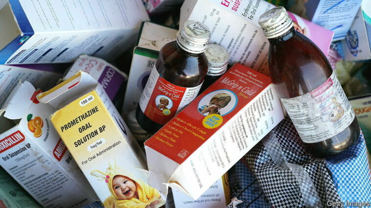 A photograph shows collected cough syrups in Banjul on October 06, 2022. - Indian authorities are investigating cough syrups made by a local pharmaceutical company after the World Health Organisation said they could be responsible for the deaths of 66 children in The Gambia. (Photo by MILAN BERCKMANS / AFP) (Photo by MILAN BERCKMANS/AFP via Getty Images)