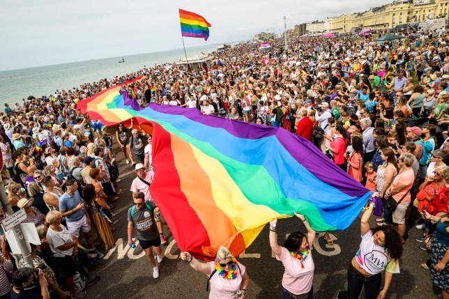 A giant rainbow Pride flag is carried along the sea front during Brighton Pride