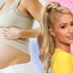 Paris hilton and woman with baby bump on colourful background