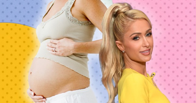 Paris hilton and woman with baby bump on colourful background