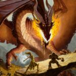 Official art from the Dungeons &amp; Dragons tabletop roleplaying game depicting a party of adventurers fighting a large red dragon in a dungeon.