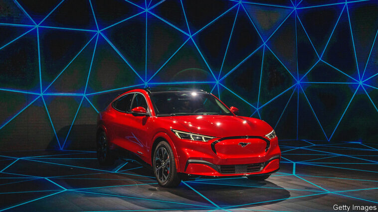 LOS ANGELES, CA - NOVEMBER 21: The electric Ford Mustang Mach-E is shown at AutoMobility LA on November 21, 2019 in Los Angeles, California. The four-day press and trade event precedes the Los Angeles Auto Show, which runs November 22 through December 1. (Photo by David McNew/Getty Images)