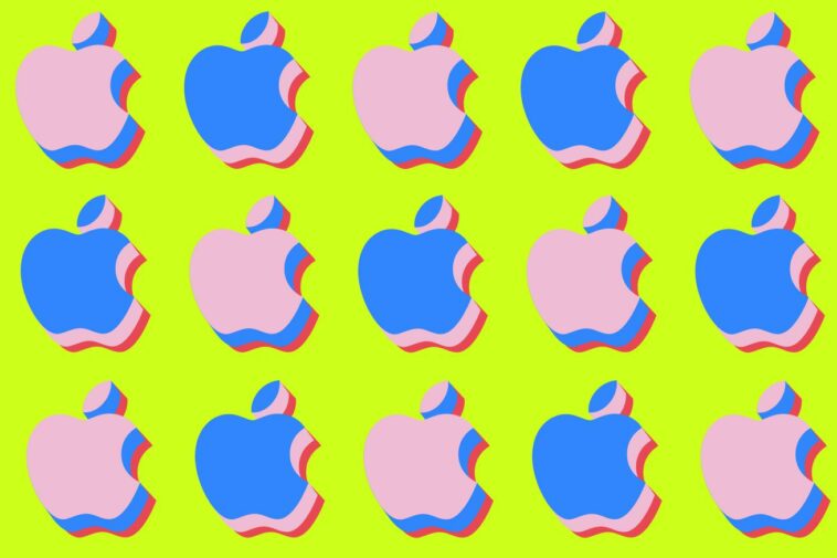 Illustration depicting several Apple logos on a lime green background.