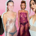 Rita Ora and Kate Moss in see through dresses, along with models in see-through clothes, on a pink background.