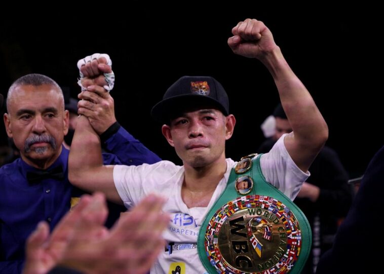 CARSON, CALIFORNIA - DECEMBER 11: Nonito Donaire reacts after a third round knockout win over Reymart Gaballo for the WBC World Bantamweight Championship at Dignity Health Sports Park on December 11, 2021 in Carson, California.