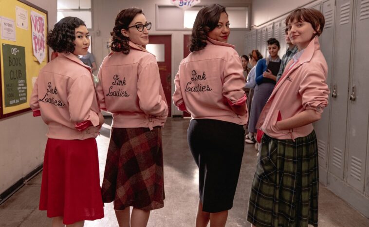 L-R: Tricia Fukuhara as Nancy Nakagawa, Marisa Davila as Jane Facciano, Cheyenne Wells as Olivia Valdovinos and  Ari Notartomaso as Cynthia Zdunowski in Grease: Rise of the Pink Ladies episode 2, season 1, streaming on Paramount +, 2022. Photo Credit: Eduardo Araquel/Paramount+