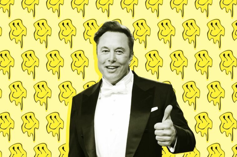 Elon Musk gives a thumbs up while smiley faces melt in the background