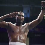 Cuban heavyweight boxer Julio Cesar La Cruz celebrates his victory against Colombian boxer Deivis Casseres during their boxing match in Aguascalientes, Aguascalientes State, Mexico on May 20, 2022. -