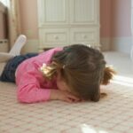 Young girl laying on bedroom carpet covering face