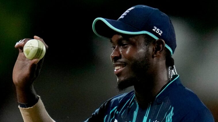 England's bowler Jofra Archer leaves the field after taking the winning wicket of South Africa's batsman Tabraiz Shamsi during the third One-Day International cricket match between South Africa and England at the Kimberley Oval in Kimberley, South Africa, Wednesday, Feb. 1, 2023. (AP Photo/Themba Hadebe)