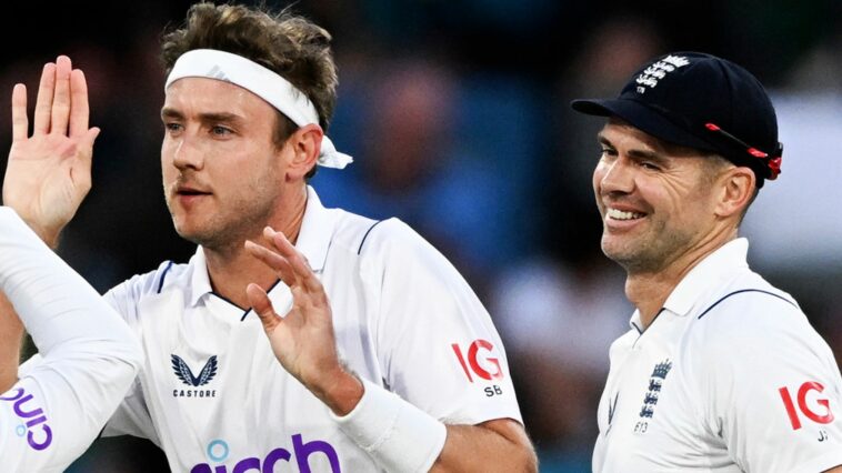 England's Stuart Broad, second right, celebrates with teammates after taking the wicket of New Zealand's Devon Conway on the third day of their cricket test match in Tauranga, New Zealand, Saturday, Feb. 18, 2023. (Andrew Cornaga/Photosport via AP)