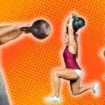 Women using kettlebells to workout on orange background